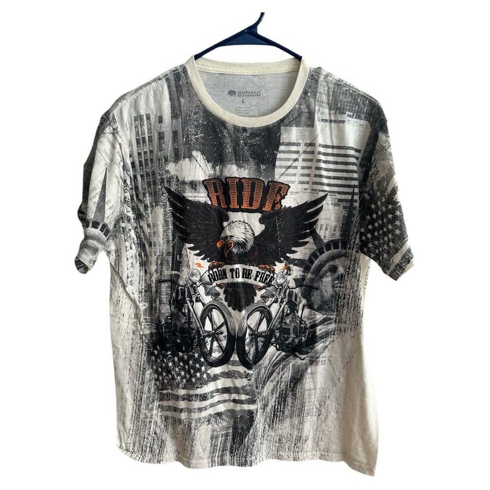 Buffalo Graphic T-Shirt Harley USA Motorcycle Freedom America Eagle Flag Large